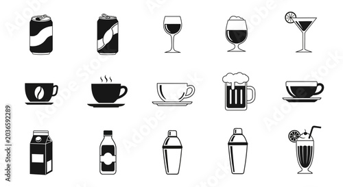 Set of Beverage and Drink Icons in Simple Flat Style