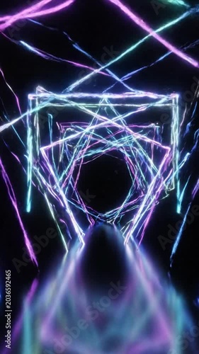 Neon lights in dark space tunnel.