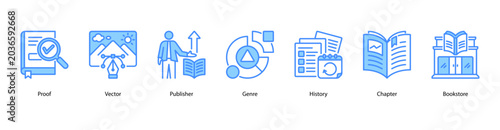 Foto Publishing Process web banner icon vector illustration featuring Proof, Vector, Publisher, Genre, History, Chapter, and Bookstore