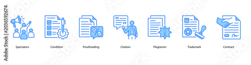 Fotografie Legal and Publishing web banner icon vector illustration featuring Spectators, Condition, Proofreading, Citation, Plagiarism, Trademark, and Contract