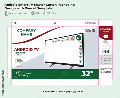 Android Smart TV Master Carton Packaging Design with Die-cut Template