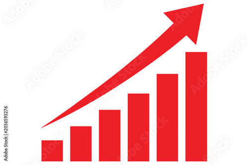 Red bar graph with upward trending arrow symbolizing growth and success