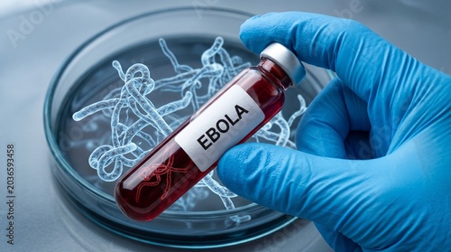 A gloved hand holding a vial labeled ebola with virus particles in a dish