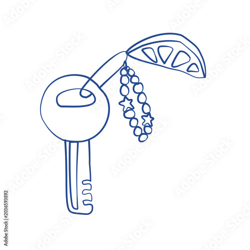 Minimalist key drawing with keychains, blue linear illustration of a keychain for home