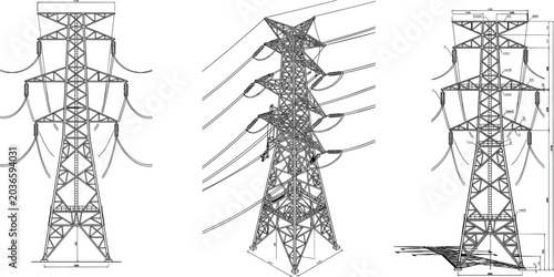 High Voltage Electrical Transmission Tower Engineering Vector Set Featuring Power Grid Infrastructure and Technical Line Illustrations