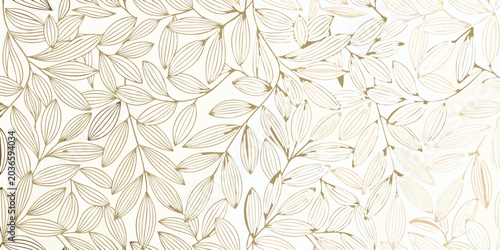 Quadro em tela A seamless floral ornament of stylized elongated leaves in a golden hue on a whi