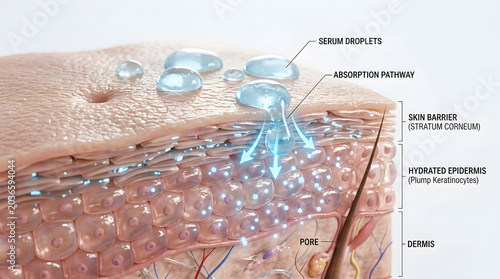 Close-up 3D illustration of cosmetic serum absorbing into the skin barrier layers