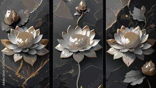 Foto Lotus flower illustration a triptych composition with gold accents on a dark bac