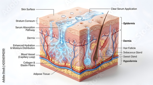 Anatomy of skin layers with serum absorption