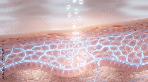 Glowing serum droplets penetrating skin layers
