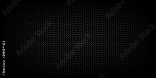 Dark grey abstract wide horizontal banner with hexagon carbon fiber grid and orange luminous lines. Technology vector background with orange neon lines