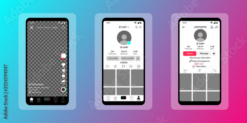 Tik Tok mobile App interface template. Mockup social media template. Mobile app interface template on social network. Video frame template, feed post mockup, mobile app interface template on social ne