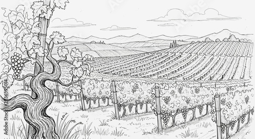 Hand Drawn Vineyard Landscape Sketch with Grapevines
