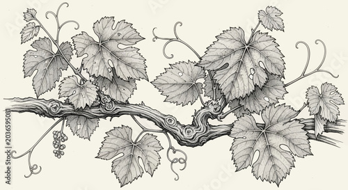 Hand Drawn Grapevine Branch with Leaves and Tendrils Illustration