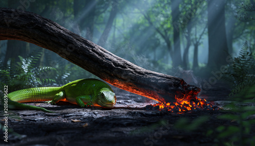 A vibrant green reptile rests beneath a smoldering log in a dark, misty forest environment, illuminated by glowing embers.