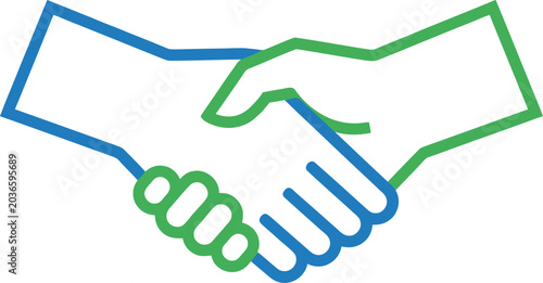 Foto Stylized illustration of two hands shaking, one blue and one green, representing agreement, partnership, or a deal