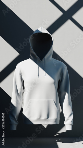 A white, blank hooded sweatshirt mockup floats against a stark background featuring dramatic diagonal shadow patterns from window blinds.