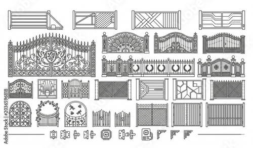 Decorative Wrought Iron Gate and Fence Collection with Ornamental Designs, Floral Patterns, Heraldic Crests, and Hardware Elements Vector Set