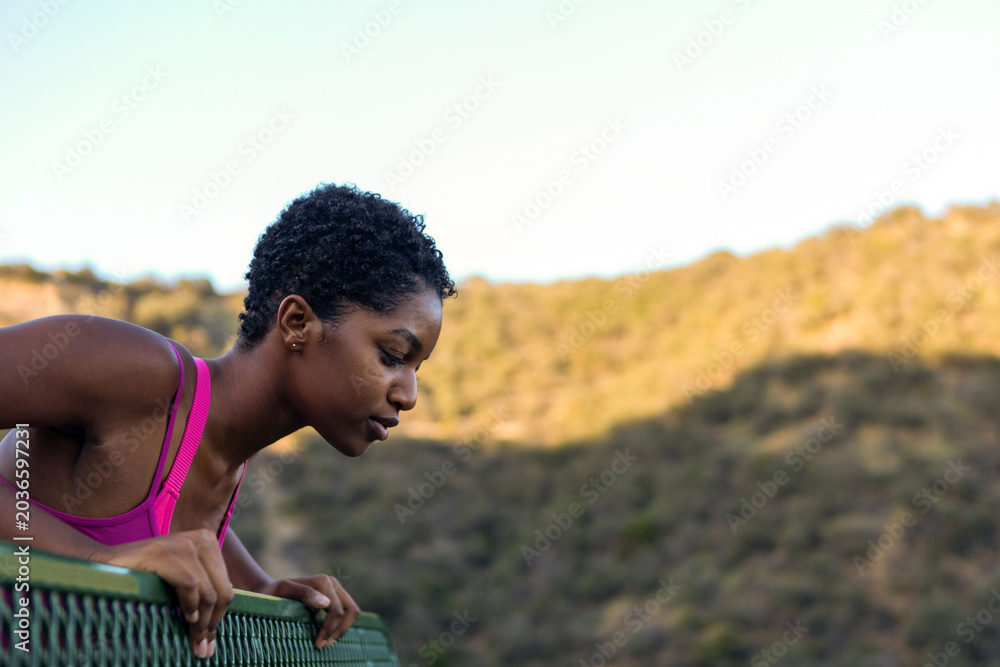 Obraz premium Person in a pink top leans over a railing, overlooking a scenic view.