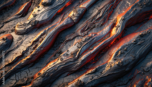 Abstract, close-up view of flowing, dark, textured material with glowing orange-red fissures suggesting intense heat or molten substance.
