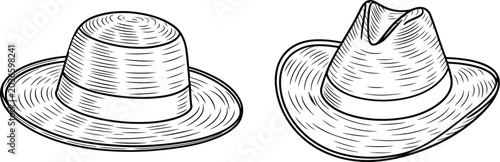 Fotografía Vintage straw hat and cowboy hat engraving vector illustration for western fashi