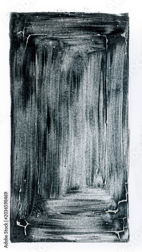 Abstract monochrome artwork featuring vertical brushstrokes within a rectangular, textured border, suggesting depth or a dark portal.