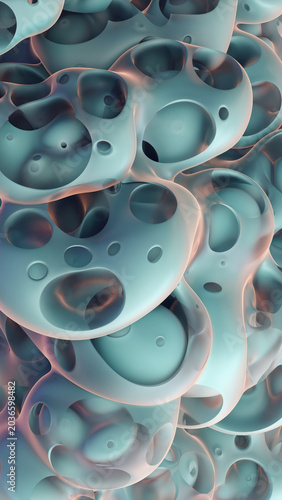 Abstract, three-dimensional rendering featuring interconnected, porous, bubble-like structures with smooth, translucent surfaces in cool teal tones.