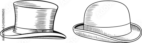 Tableau sur toile Vintage top hat and bowler hat engraving vector illustration for classic fashion