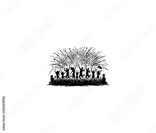 Bilde på lerret Black and white vector illustration of people celebrating fireworks, party crowd