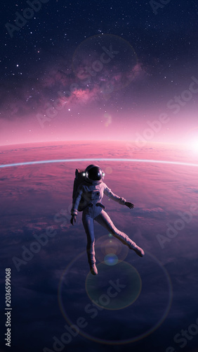 An astronaut floats in the vastness of space above a colorful, cloud-covered planet under a starry, nebula-filled sky.