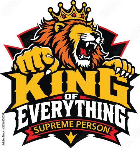 📝 TITLE
Lion king mascot logo design – roaring crowned lion, fist, shield badge, bold typography, sports team, t-shirt and esports graphic