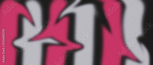 Bold abstract graphic shapes in pink and white with a grainy texture on a black background.