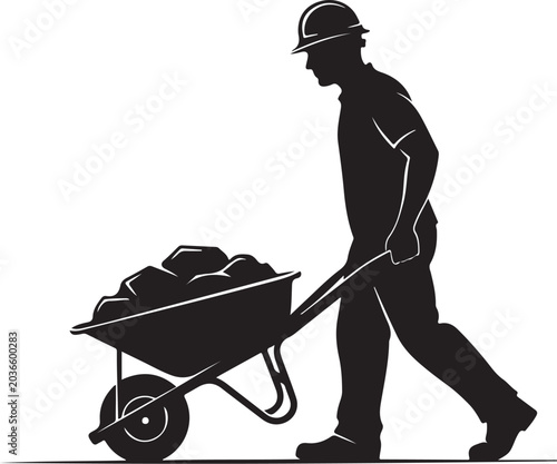 Black silhouette of man pushing wheelbarrow filled with rocks