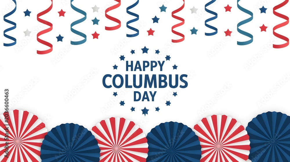 Obraz premium Happy columbus day festive greeting with confetti and patriotic paper fans columbus confetti