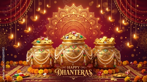 Happy dhanteras celebration decorative gold kalash pots with flowers and lights dhanteras religion