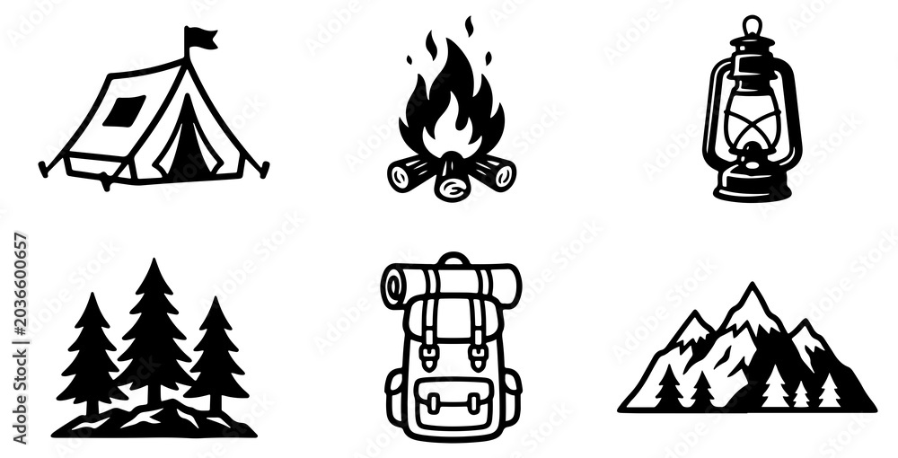 Fototapeta premium Outdoor Adventure Set Featuring Camping Tent Campfire Lantern Backpack Forest Trees and Majestic Mountains Representing Wilderness Exploration