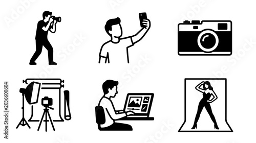 Photography Process and Related Activities Icons Displaying Professional and Casual Picture Taking, Studio Setup, Image Editing, and Model Posing on a Plain White Background