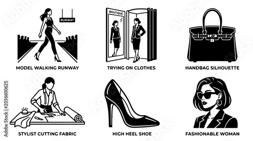 Fashion Industry Collection Showcasing Modeling, Apparel Shopping, Accessory Design, Garment Creation, and Stylish Women's Wear, Displayed as a Set of Six Iconic Black and White Graphics