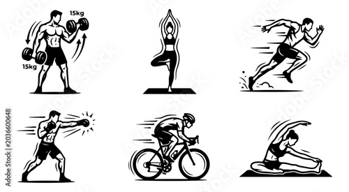 Active People Performing Diverse Athletic Exercises Including Weightlifting, Yoga, Running, Boxing, Cycling, and Stretching, Showcasing a Range of Physical Wellness Activities