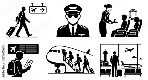 Air Travel Journey From Airport Terminal to Flight Cabin, Showing Passengers Boarding Aircraft, a Pilot, and a Flight Attendant Serving People, Capturing the Full Experience of Flying