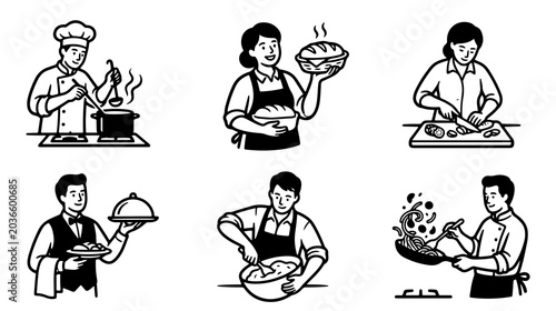 Professional Chefs and Home Cooks Expertly Prepare, Bake, Slice, Stir, and Serve Various Delicious Meals in a Bustling Kitchen and Restaurant Setting, Showcasing Diverse Culinary Activities