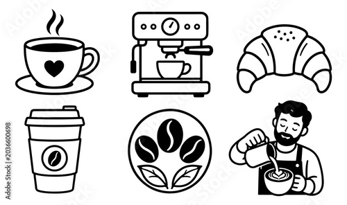 Coffee Shop Essential Icons Featuring Steaming Cups, Espresso Machine, Fresh Croissant, and a Skilled Barista Preparing Latte Art for a Perfect Morning Beverage