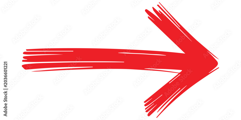 Obraz premium Red hand drawn doodle arrow pointing right, brush stroke sketch drawing, direction pointer design element