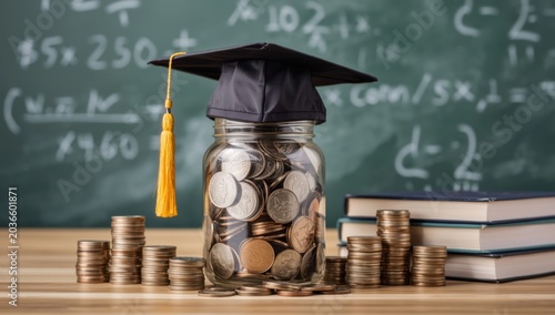 Graduation cap on a coin jar, symbolizing education costs, student loans, and financial future