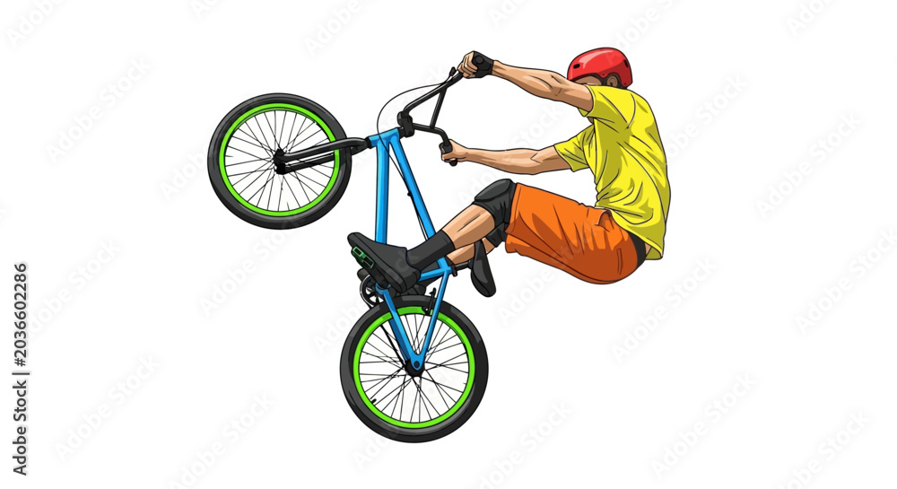 Naklejka premium Man performing a bicycle stunt trick.