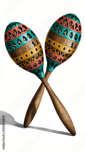 Two vibrantly decorated, traditional percussion instruments with wooden handles are crossed against a stark white background, casting a subtle shadow.