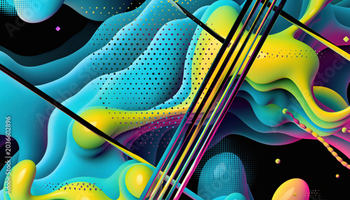 Vibrant abstract digital artwork featuring fluid, undulating shapes in bright cyan and neon yellow, intersected by sharp black lines and halftone patterns.