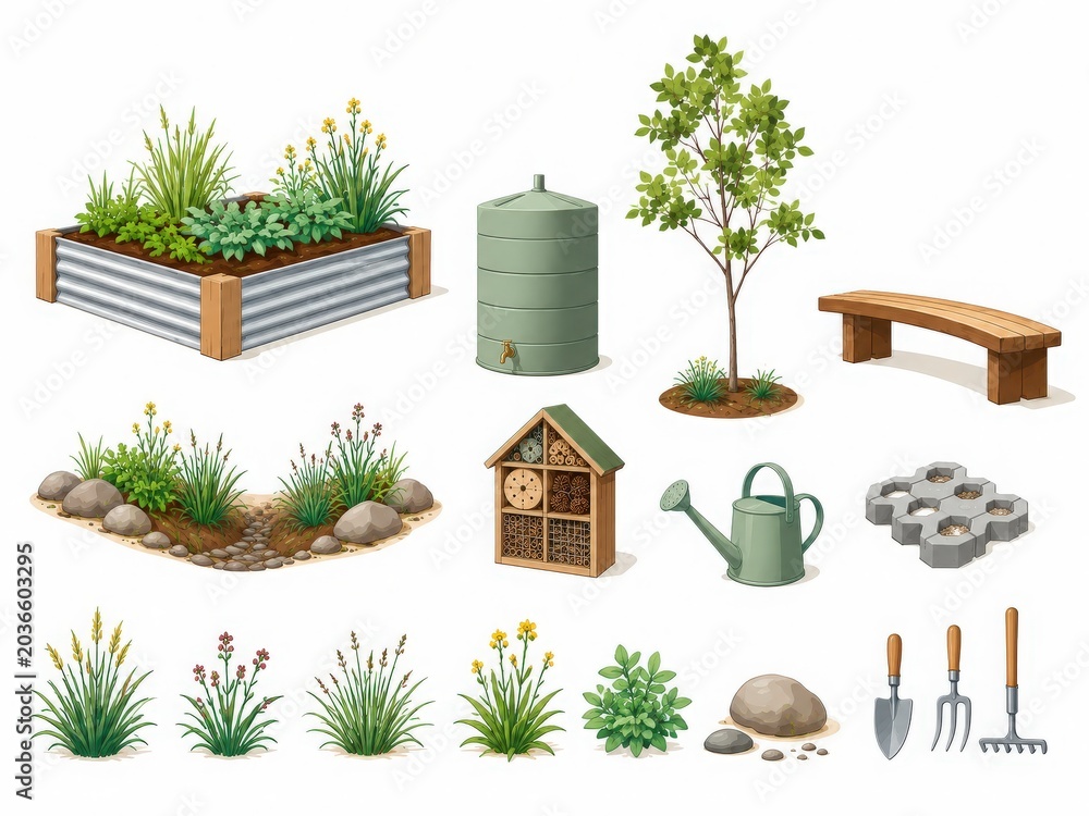 Fototapeta premium Sustainable Garden Collection with Rain Tank Native Plants and Raised Bed