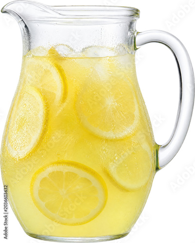 Refreshing glass pitcher of lemonade with ice isolated on transparent background