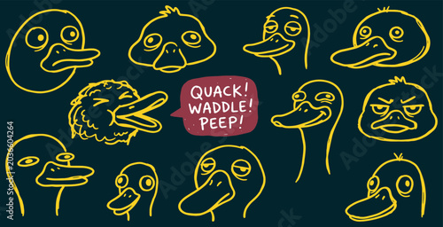 Tableau sur toile Collection of cartoon duck faces with various expressions and speech bubbles saying Quack, Waddle, Peep